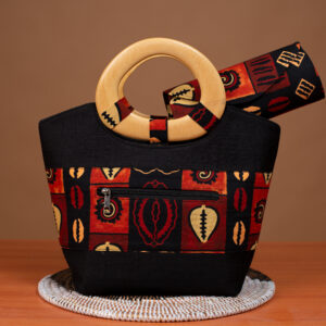 Sac Wax Femme Noir avec Poignée Bois et Portefeuille – Fait Main au Sénégal