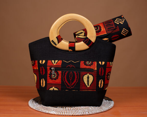 Sac Wax Femme Noir avec Poignée Bois et Portefeuille – Fait Main au Sénégal