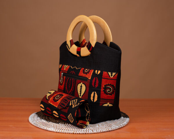 Sac Wax Femme Noir avec Poignée Bois et Portefeuille – Fait Main au Sénégal – Image 2