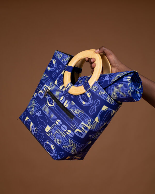 Sac Wax Femme Bleu avec Poignée Bois – Élégant et Fait Main au Sénégal – Image 2